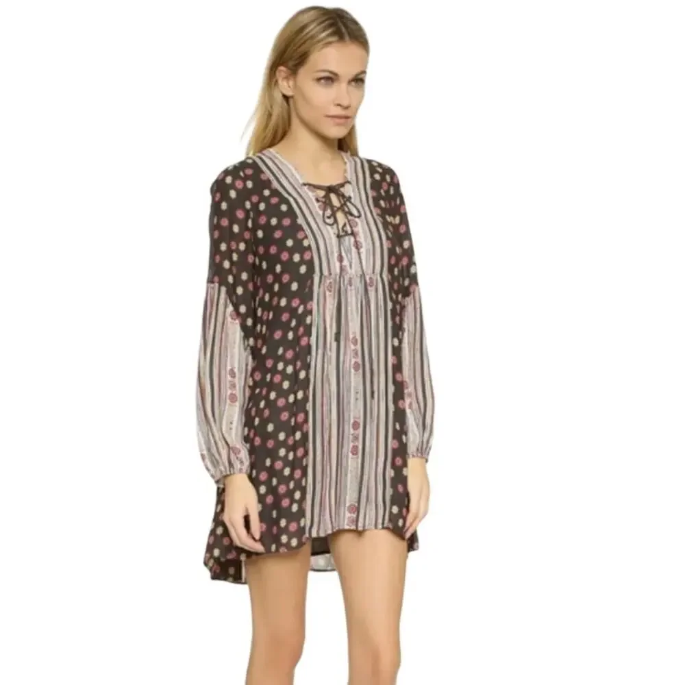 Free People Boho Rain Or Shine Pebbled Chiffon Printed Mini Dress XS
